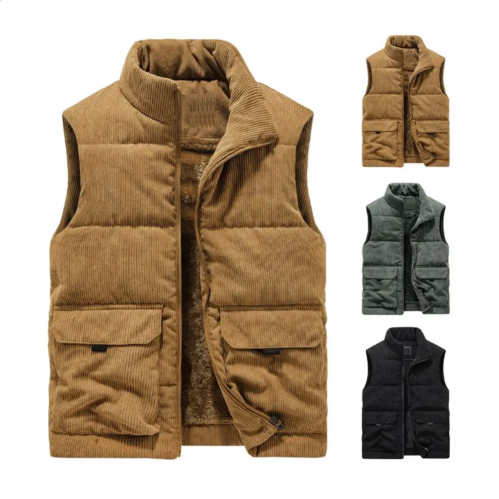 2024 Vest Jacket Mens Autumn Winter Warm Sleeveless Coat Stand Collar Padded Waistcoat Corduroy Work Wear Male Clothes 5XL y240822