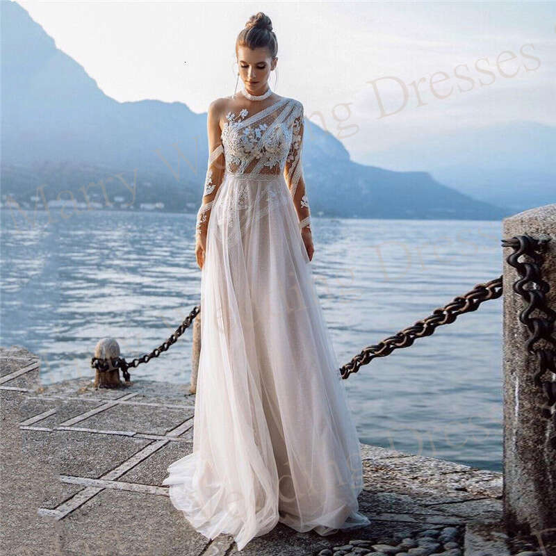 High Neck Boho Wedding Dresses Full Sleeve Appliques Lace A E Bride Gowns Tulle Or Length Custom Made Vestidos Novias Boda 6660306