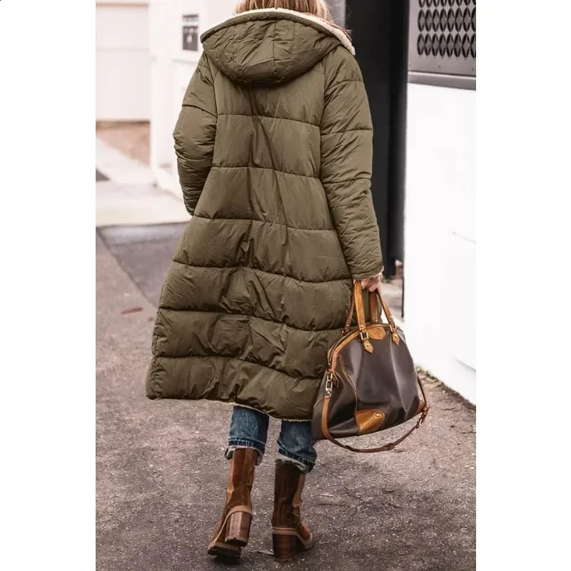 Womens loose solid color plush long park coat winter womens casual sleeved hooded pocket zipper 240822