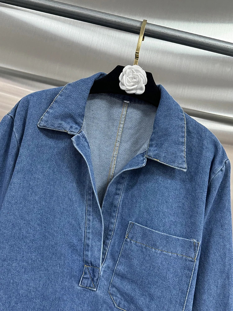 VGH Solid Denim Two Piece Set Womens Collar Long Sleeve Shirt High Waist Loose Wide Leg Pants Minimalist Casual Style 240823 C260312