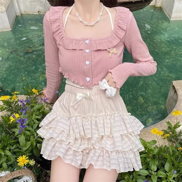 Sweet Square Collar Ruffles Long Sleeve Cardigan Coat Y2k High Waist Ruched A-line Cake Shorts Skirts Two Piece Sets 240823