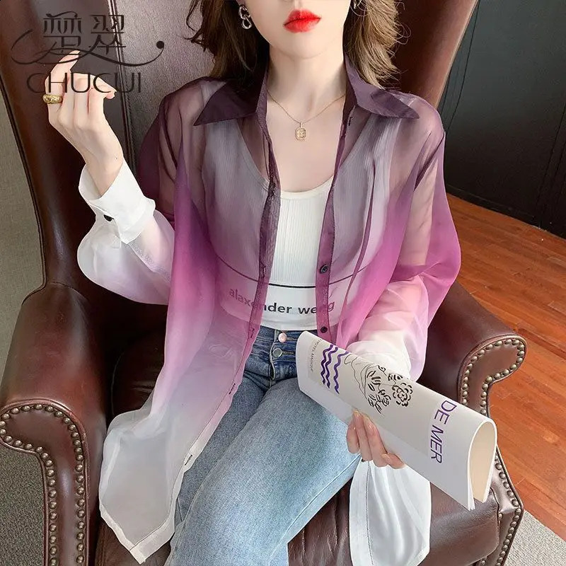 Women Summer Simplicity Loose Sunscreen Tie Dye Gradient Color Chiffon Long Sleeve Shirts Women Clothes Casual All-match Tops 240823