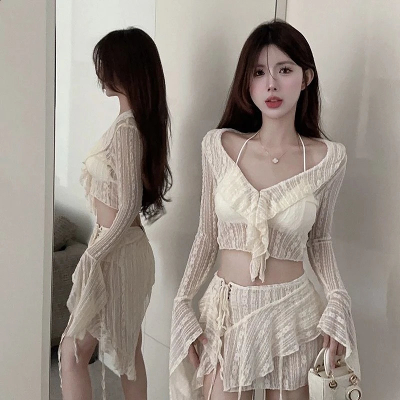 French Lace Splice Top Irregular Skirt Two-piece Set Women Lace Up Flare Sleeves Spicy Beach Vacatio Slim Summer Chic Suit 240823