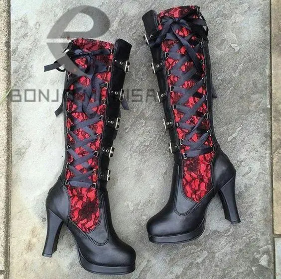 BONJOMARISA womens platform boots with straps short and chubby high heels mid calf boots narrow band bow knot Gothic shoes winter 240823