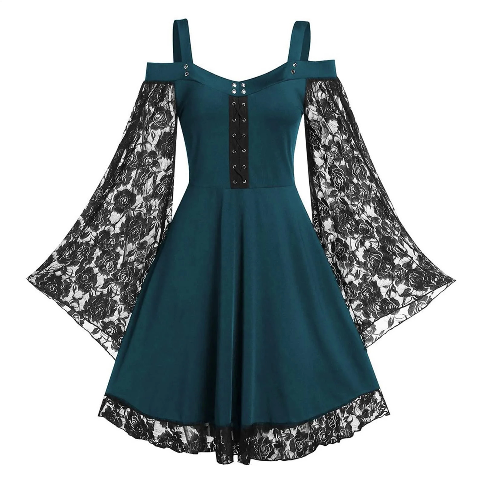 Gothic mini dress with lace decoration high waist cold shoulder Y2k womens 90s retro punk Harajuku Halloween 240823