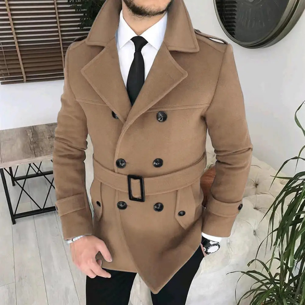 Autumn Winter Mens Double Breasted Woolen Overcoat High Quality Male Laple Belt Solid Thick Trench Coat Trend Outerwear 240822