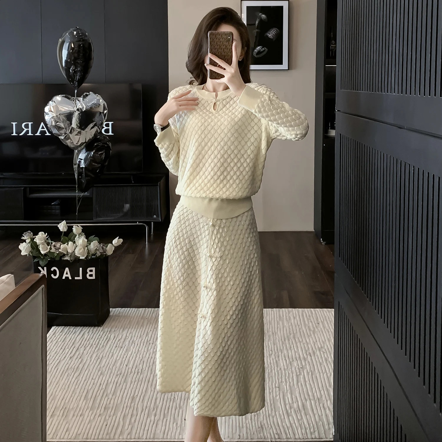 ZJYT Autumn Winter Knitted Dress Sets 2 Pieces Womens Outfits Fashion Long Sleeve Pearls Pullover Sweater and Skirt Suit Female 240823