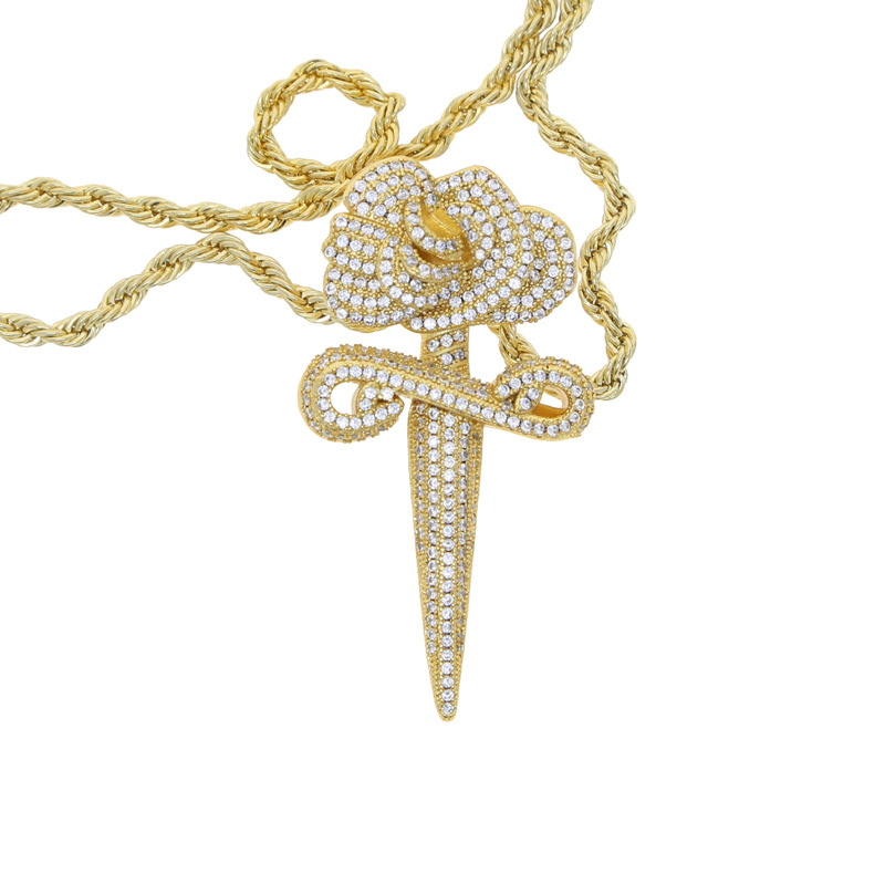 Hip Hop Rose Flower Cross Pendant Necklace 5A Zircon White Gold Plated Religious Jewelry