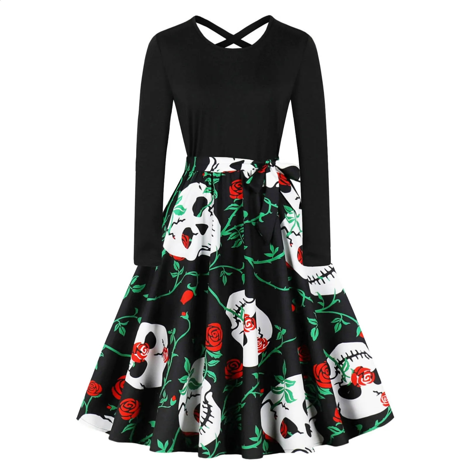 Halloween Christmas Party Dress Womens Long Sleeve Vneck Pumpkin Print Retro Casual Aline Role Playing Tank Top 240823