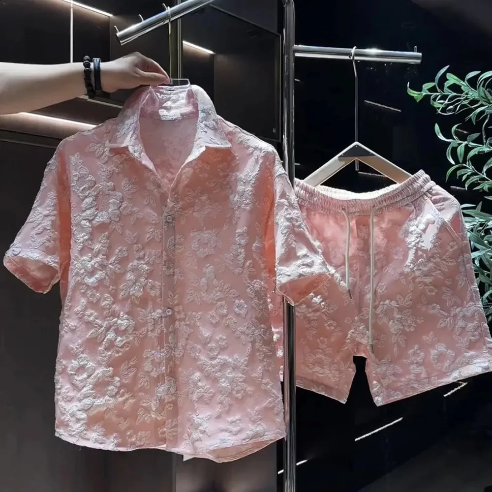 Mens Embossed Casual Short-Sleeved Shirt Shorts Two-Piece Suit Daily Versatile Breathable Hawaiian Suit MenS Clothing Spring 240822
