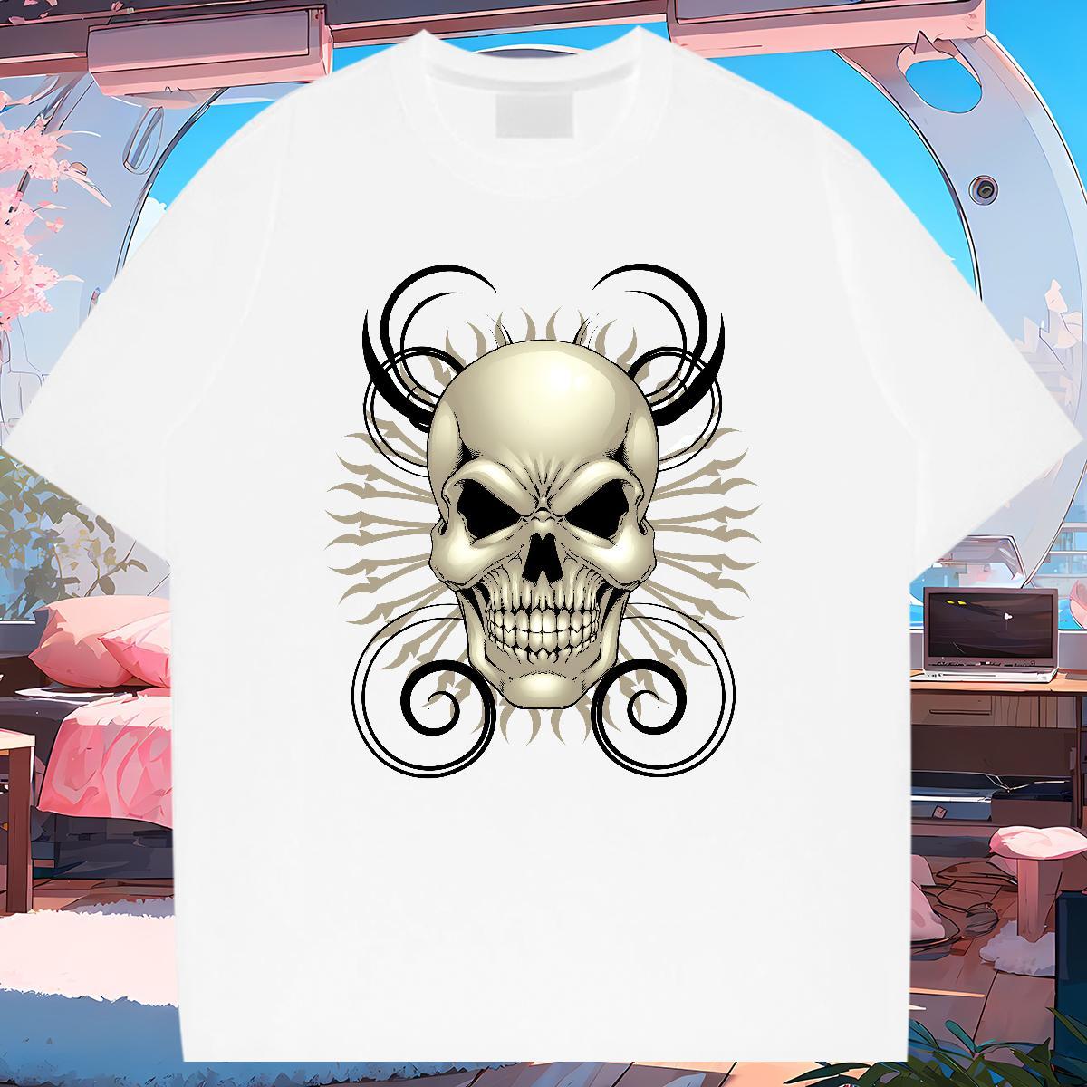 Loose Men T Shirts 100% Cotton 230g skull Daily Outfit Custom Printed Round Neck Short Sleeve Men Tshirts New Arrival Tops