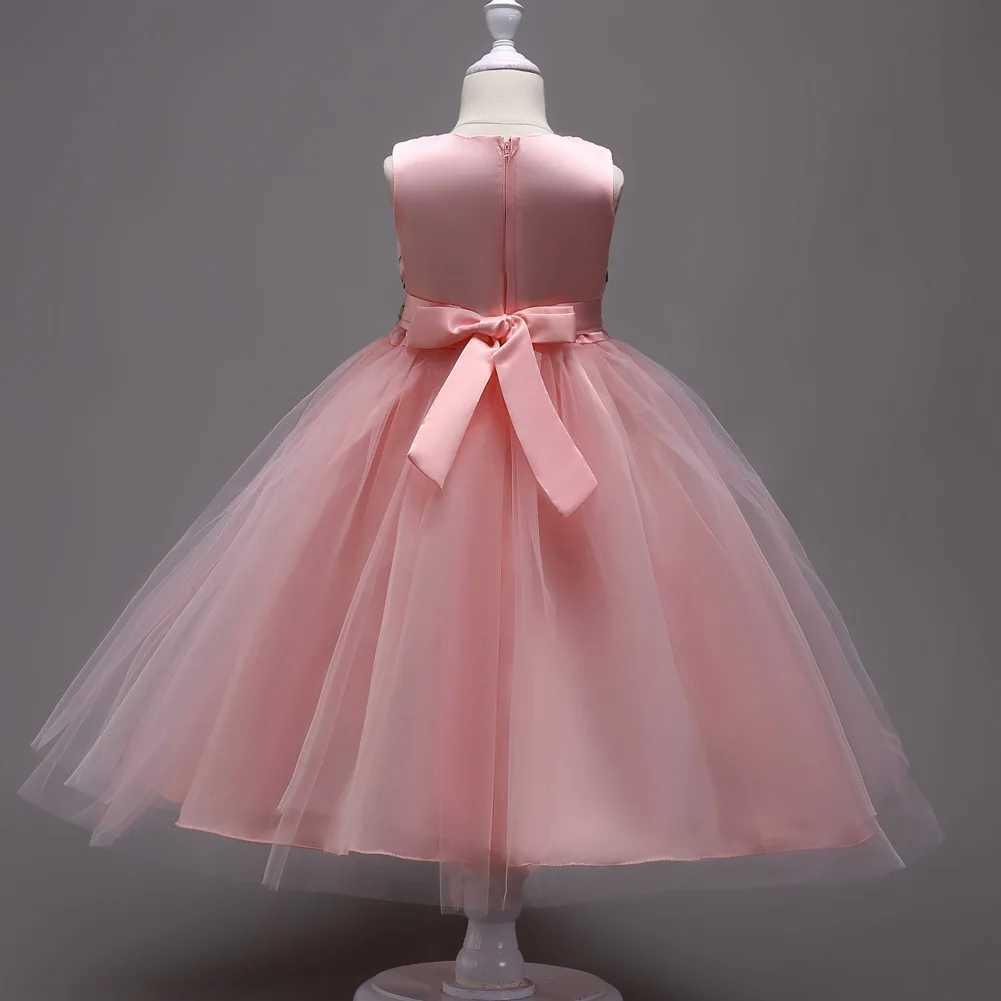 Childrens lace wedding floral embroidery teenage girls party ball elegant princess sleeveless wedding dress W240823