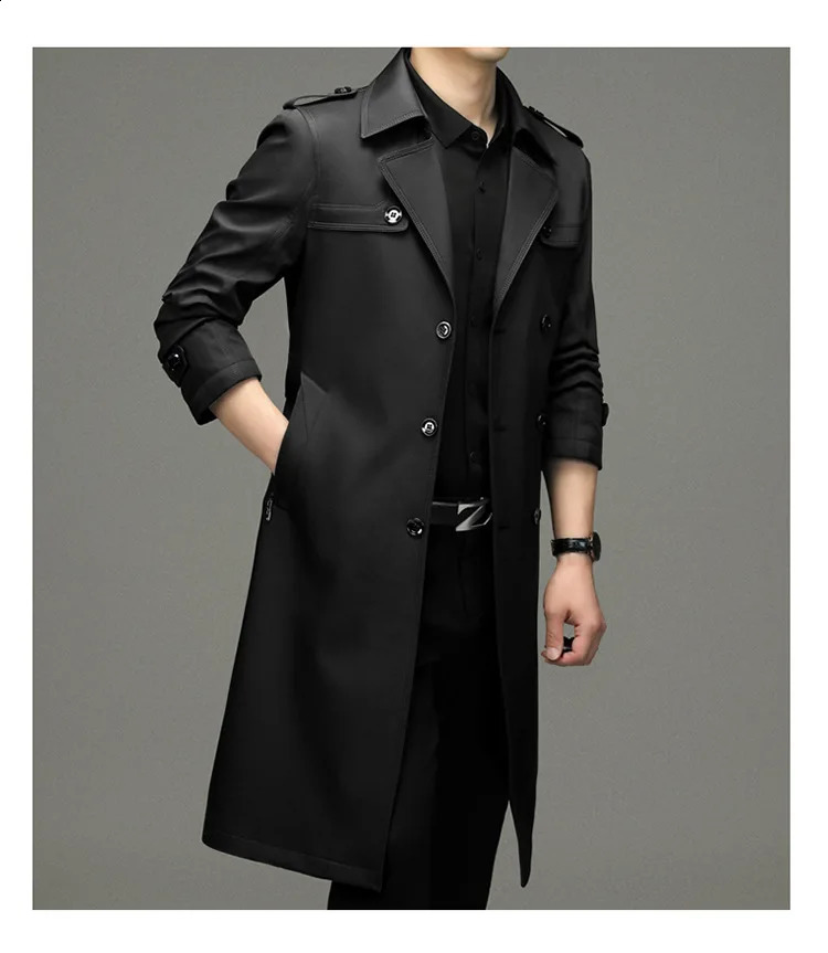 Mens Extra Long Double Breasted Trench Coat Autumn Casual Notch Lapel Belted Windbreaker Slim Fit Business Overcoats 240822