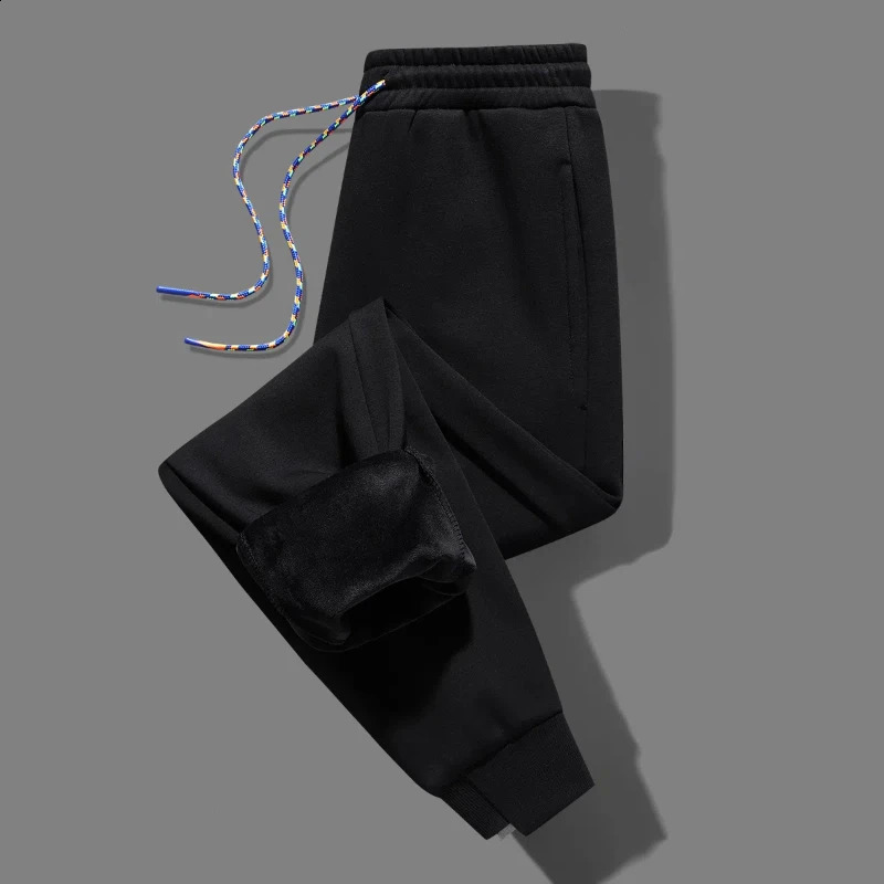 Korean Autumn Winter Mens Solid Elastic Waist Drawstring Pockets Fashion Casual Plus Velvet Loose Foot Binding Sweatpants 240822