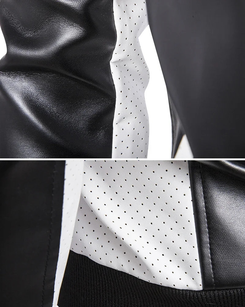 Men Stand Collar Coat Black White Color Matching Casual Leather Jacket Fashion Racing Clothing PU Leather Jacket 5XL-M 240822