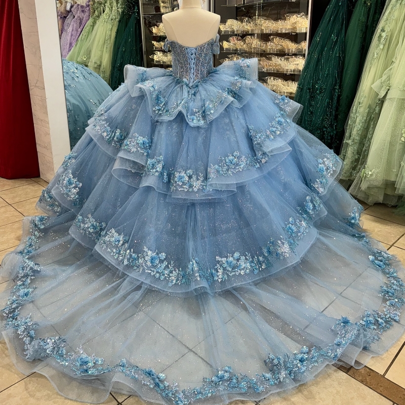Shiny Quinceanera Dresses Ball Gown Off The Shoulder 3D ral Lace Applique Beaded Ruffles Sweet 16 Vestido 15 De Anos
