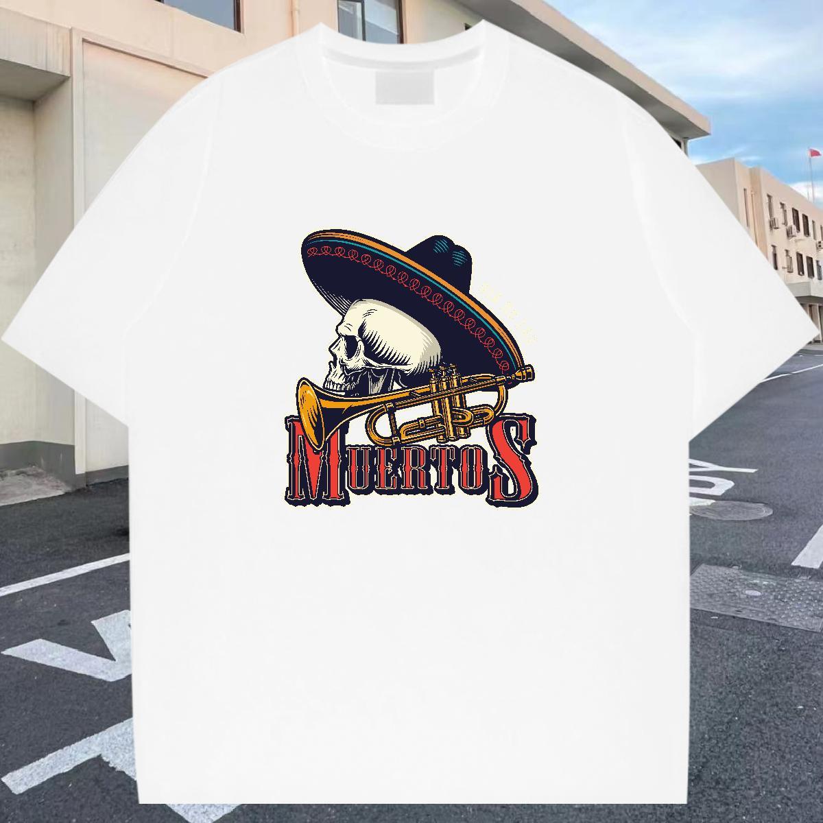 Free Shipping T Shirts Men 230g Pure Cotton skull Street Casual White Plus Size O-Neck Short Sleeve Men Tees DIY Polos