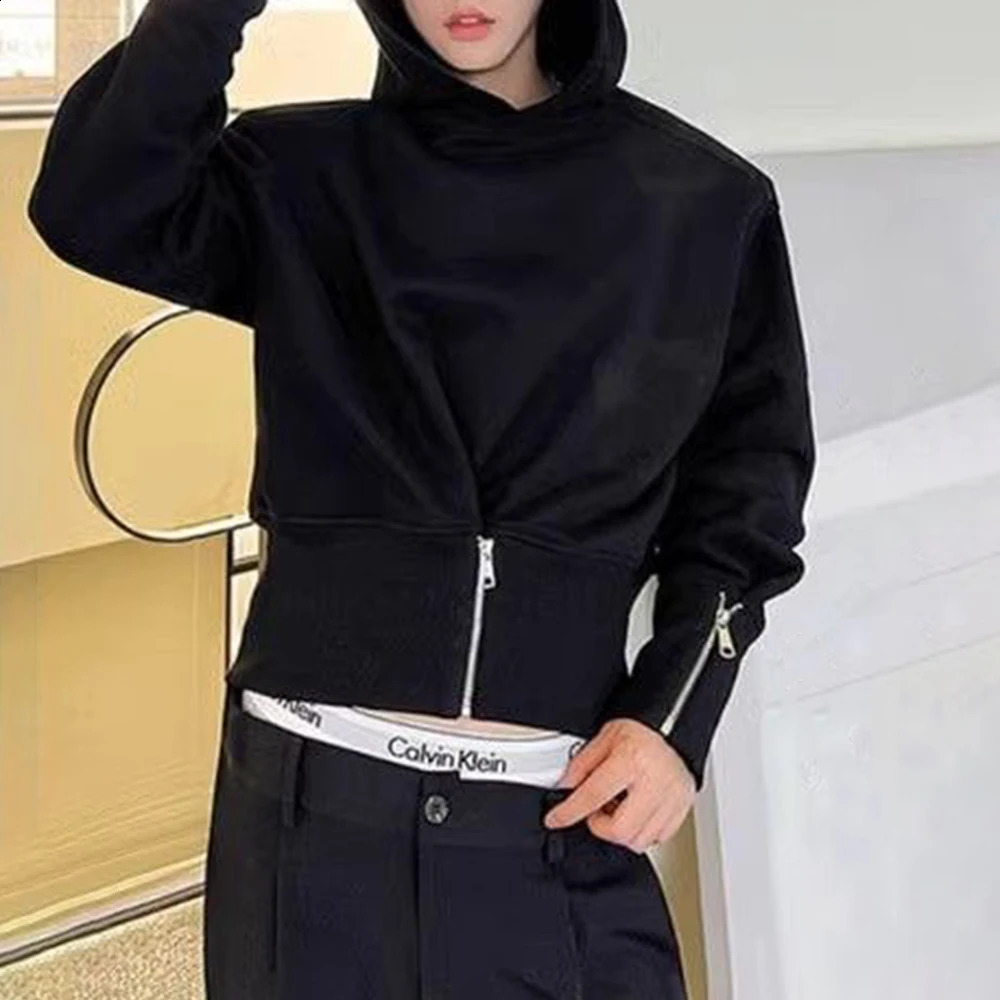 Mens Autumn Korean Y2k Waist Cuff Zipper Slim Waist Short Hooded Sweatshirt Essential Fashion Youth Solid Color Top For Men 240823