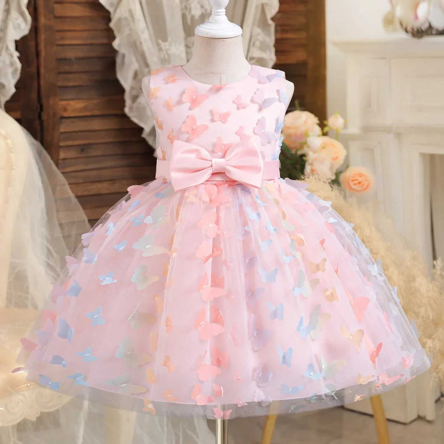 Elegant Girl Party Dress Princess Evening 3D Butterfly Network Tutu Dress 3-8-year-old Girl Wedding Birthday Formal Party Dress W240823