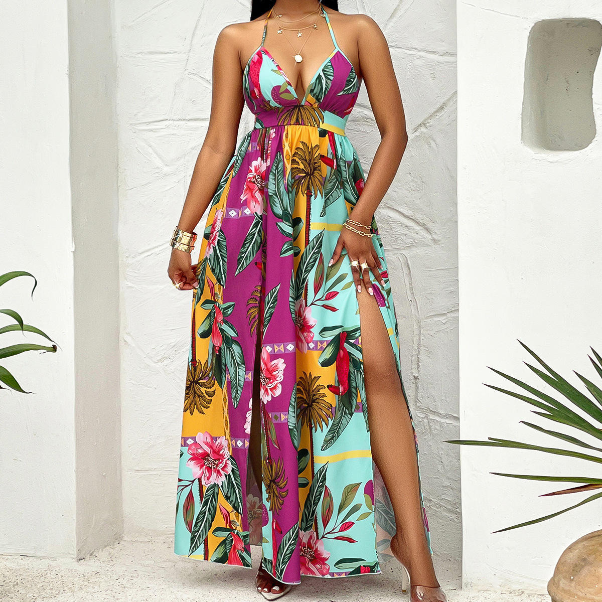 Womens Suspender Printed Dress with Floral Patterns