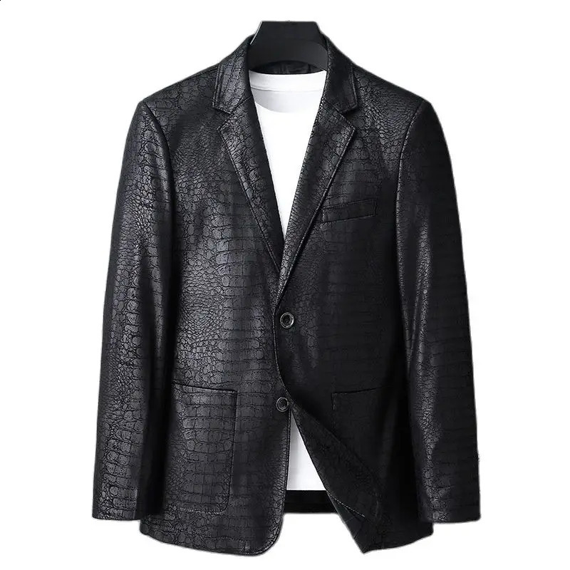 Mens Spring Autumn Vintage Soft Faux Leather Jackets Male Classic Slim Fit Pattern Suit Black Blazers Coats 240822