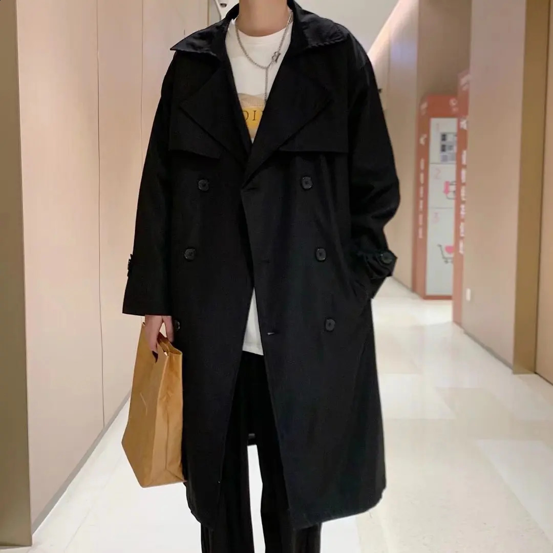 Mens Long Casual Trench Coat Solid Color Double-Breasted Jacket Korean Trend Classic Casual Loose British Cape B35 240822