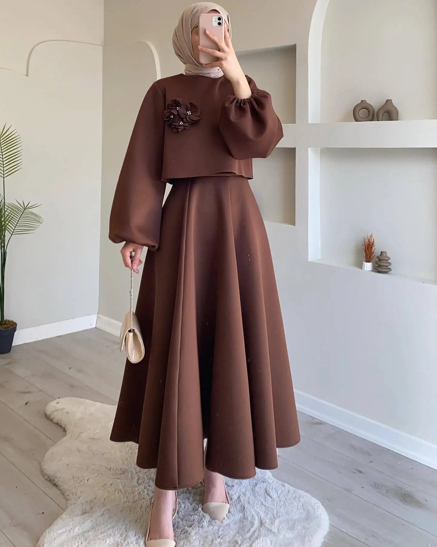 Fashion Floral Skirts Sets for Women Two-piece Set Women Lantern Sleeve Top A-line Skirt Elegant Lady Skirt 2 Pieces Sets 240823