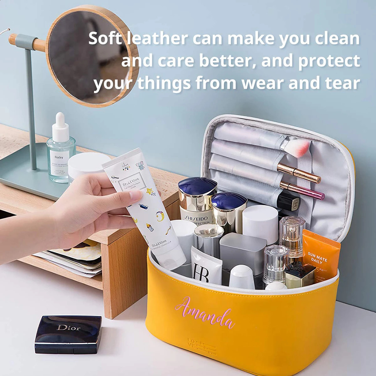 Personalized Makeup Bag Embroidery Name Portable Travel Cosmetic Bag for Women PU Leather Waterproof Gift for Bridesmaids 240822
