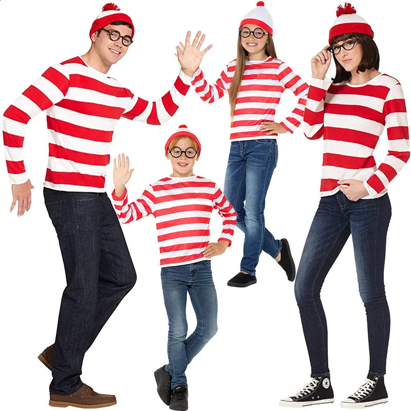 Where Waldo striped shirts for teenagers children boys Wally clothing glasses and hats socks unisex adult Halloween roleplaying costumes w240824