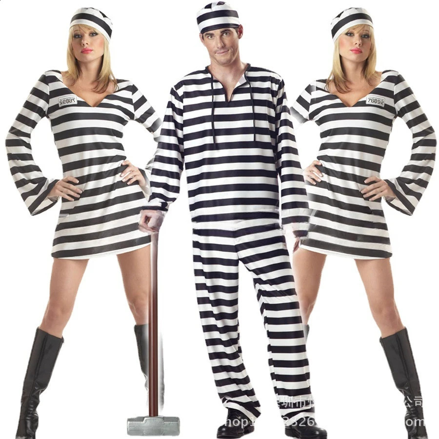 Halloween Cos Prison Couple Suit Mens Uniform Womens Black and White Striped Clothing 240823