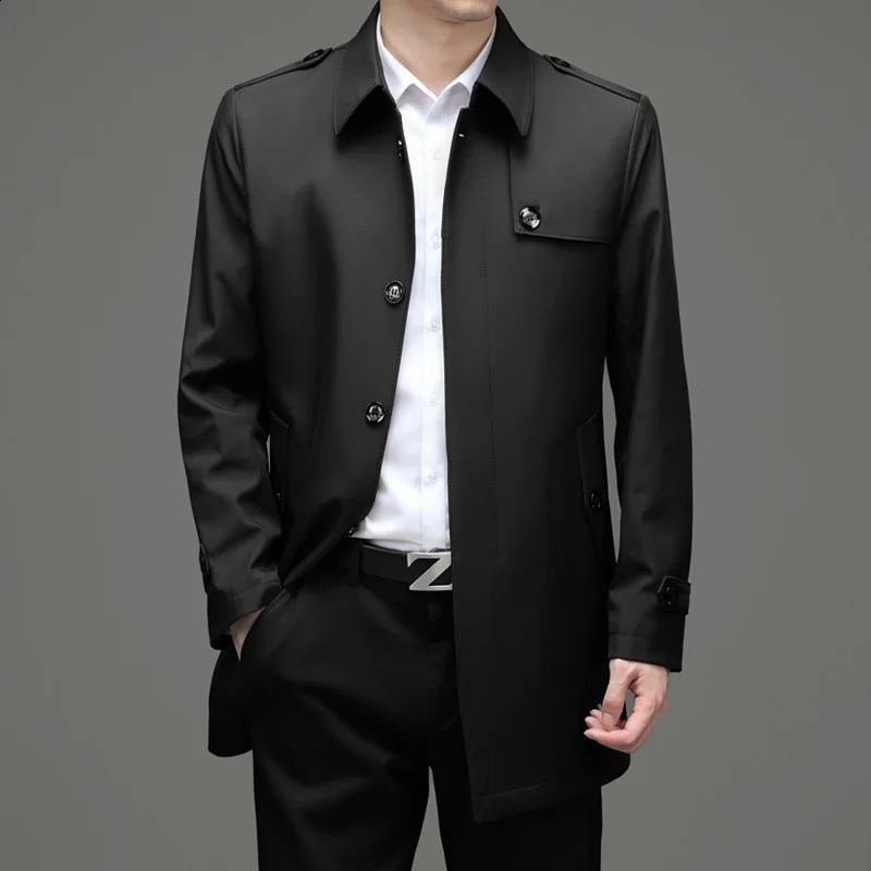 Classic Fashion Trench Coats Men Business Casual Mid-long Windbreaker Lapel Khaki Long Coat for Men Simple Mens Jackets M-4XL 240822
