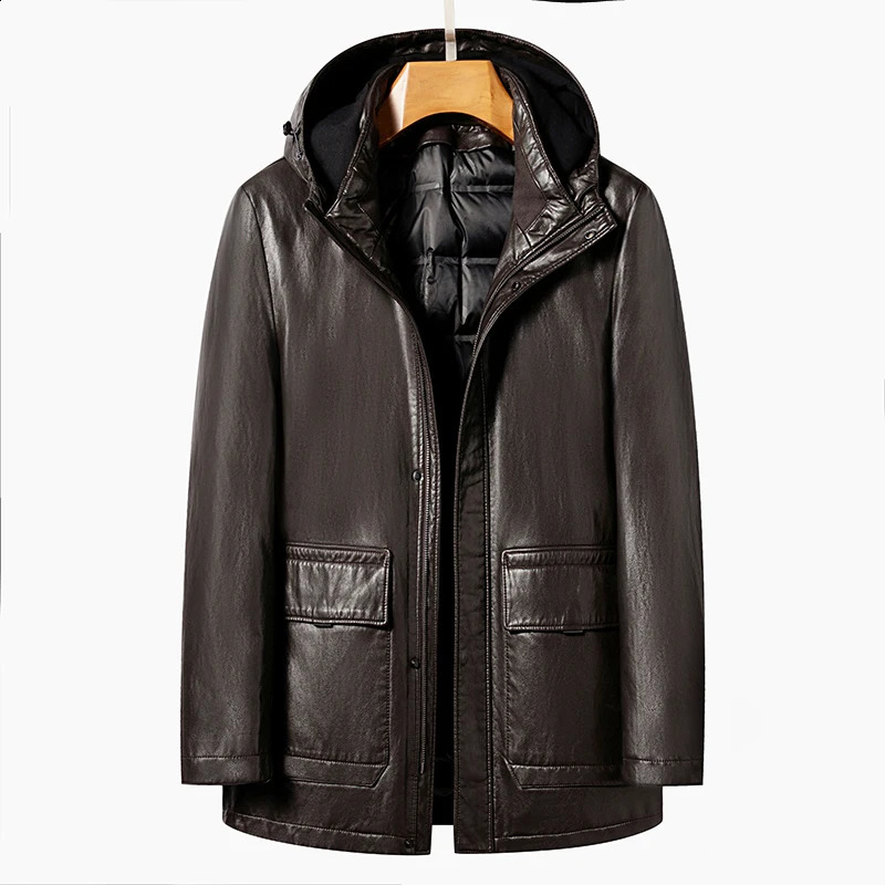 YN2268 Winter Senior Mens Hooded Natural Leather Down Jacket Medium length Detachable White Duck Lining 240822