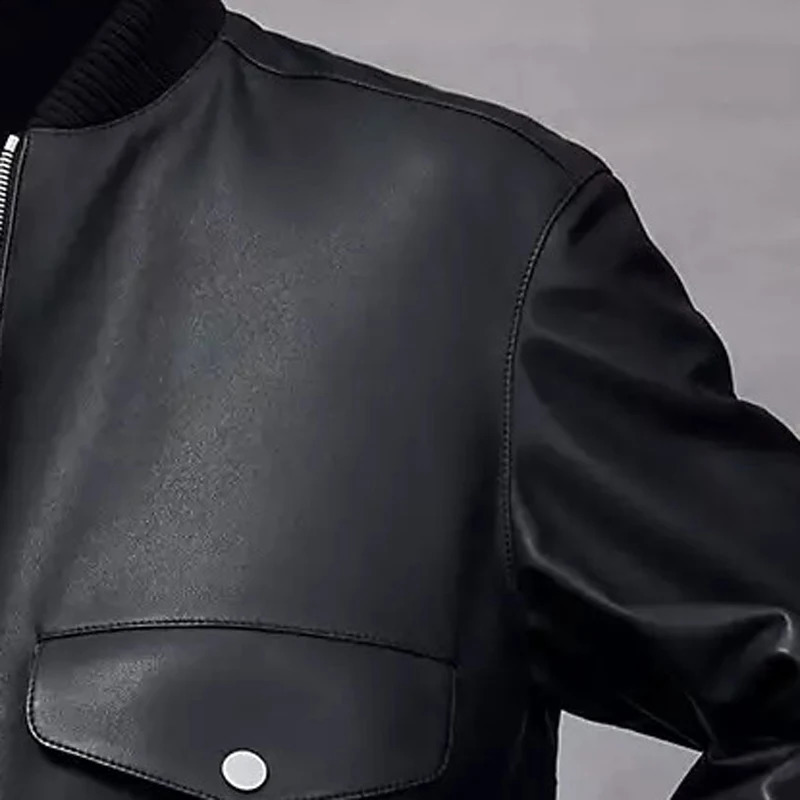 Mens Cowhide Jacket - British Fashion Handsome Black Sheepskin Zippered Stand-Up Collar High-Quality Custom n 240822