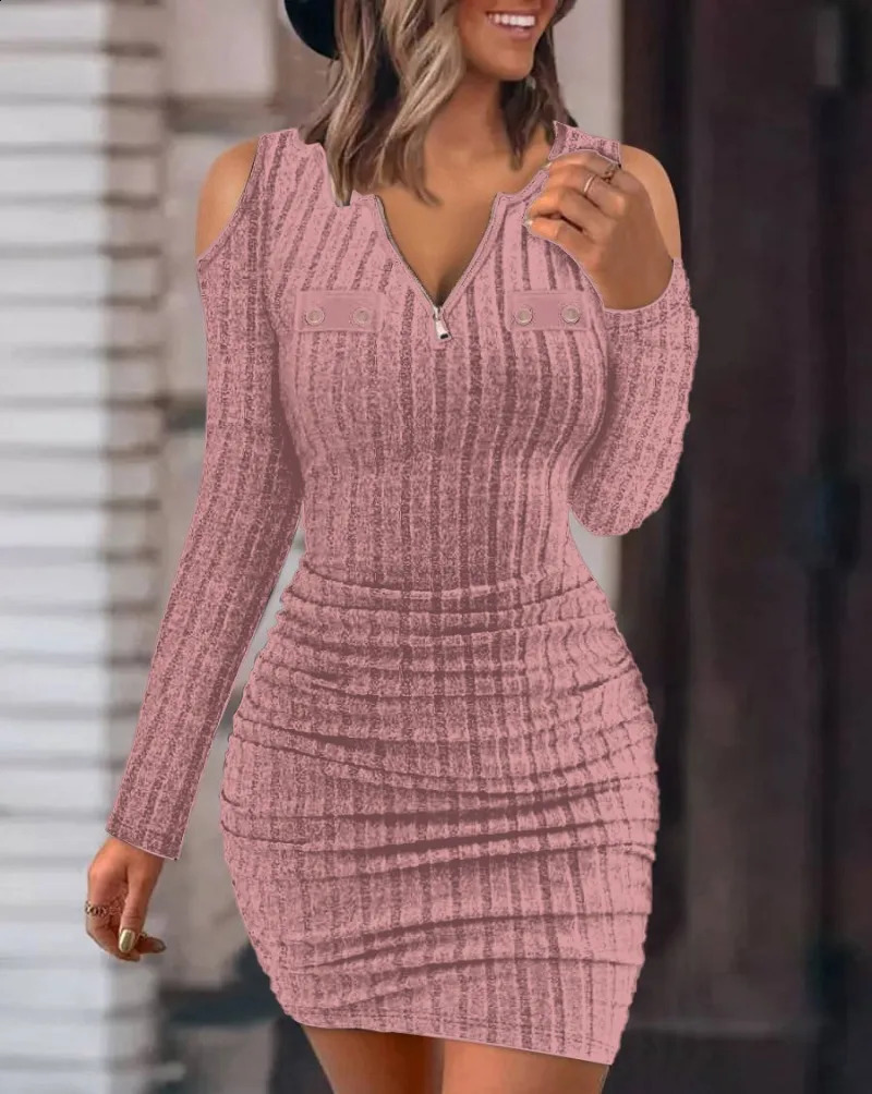 Autumn Solid Color Zipper V-neck Tight Bag Hip Urban Dress Slimming Sexy Long Sleeve Dress for Women in Winter 240823
