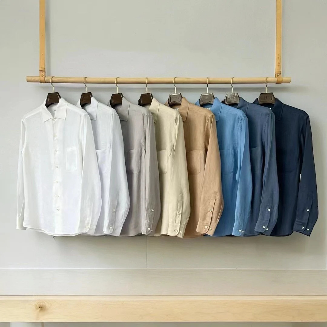 L*P Mens Linen Shirt Solid Color Commuting Spring Summer Light Business Casual Long-sleeved Shirt 240822