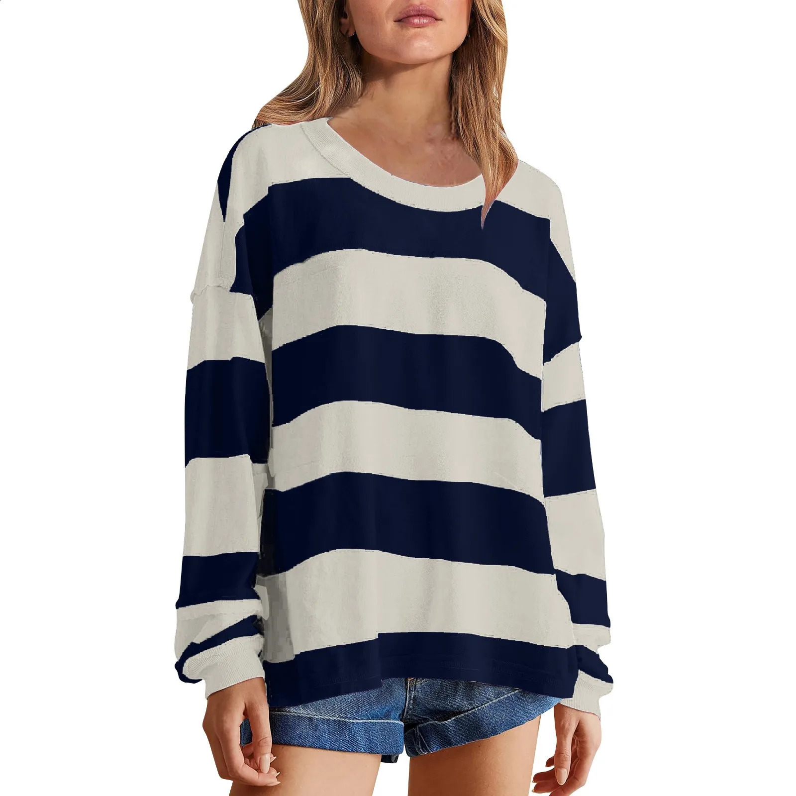 Y2k style striped printed womens shirt oversized long sleeved streetwear staff collar zipper top blue Para Mujer 240822