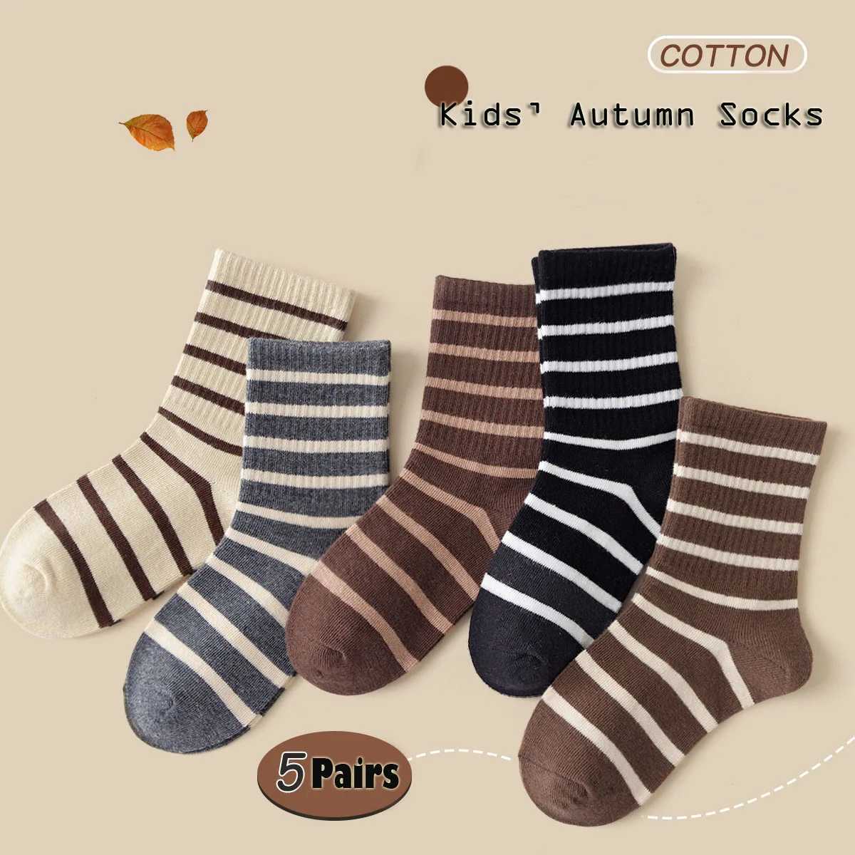 5 Pairs Boys Girls Socks Coffee Striped Cotton Socks Spring Autumn Sporty Socks Childrens Letter Pattern Mid Calf Socks X2503221
