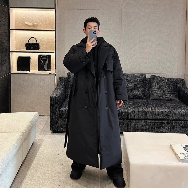 NOYMEI Oversize Silhouette Thickened Double Row Subblack Long Cotton Coat Black Belt Korean Trendy Trench Men Winter WA3310 240822