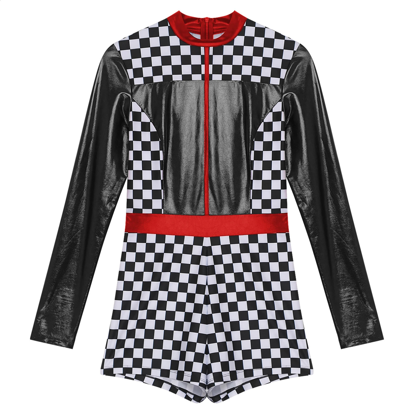 Womens Drive Racer cosplay clothing long sleeved checkered printed bodysuit racing jumpsuit carnival themed party club w240824