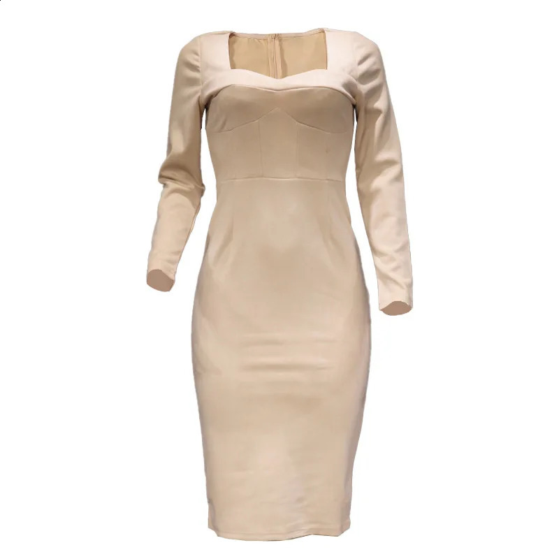 Long Sleeve Midi Dress Square Collar High Waist Solid Color Sexy Dress Women Fashion Casual Bag Arm Bodycon Sheath Dress 240823