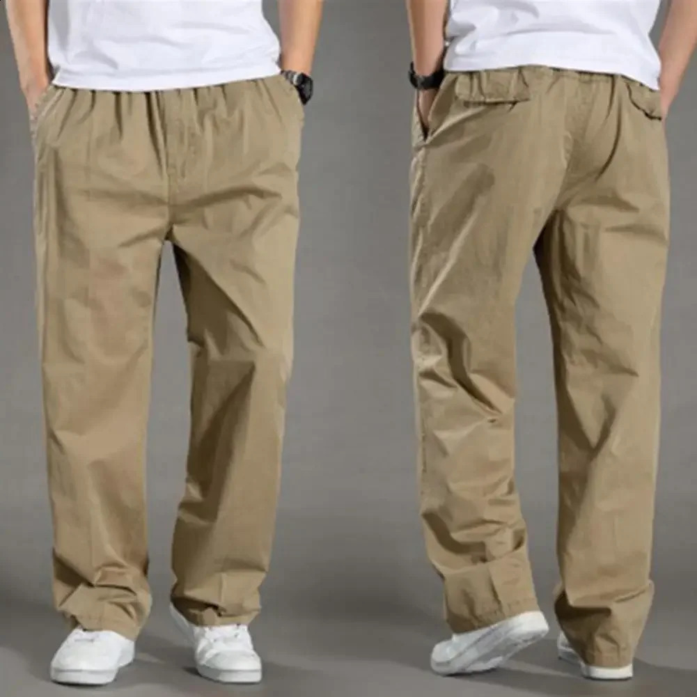 Men Cargo Pants Spring Fall Elastic Waist Drawstring Casual Pants Loose Large Pocket Male Straight Wide Leg Trousers 240822