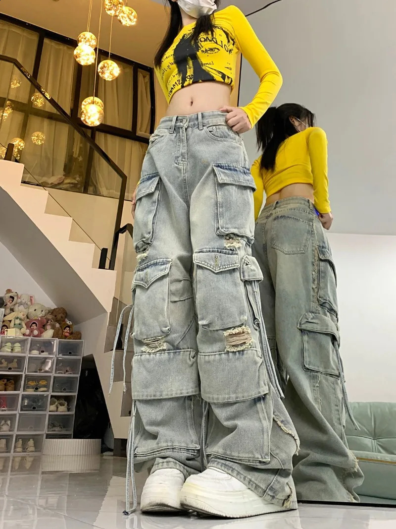 American Spice Girl Heavy Industry High Street Multi-Pocket Wide Leg Hip Hop Jeans Y2K High Waist Baggy Straight Pants 240822