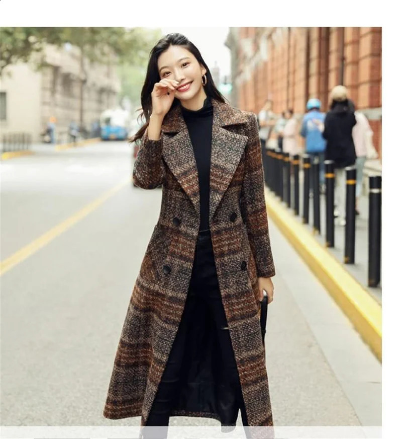 Plaid Woolen Coat Women Long Korean Style Waist Female Autumn Winter Thick Slim-fit Over-the-knee Woolen CoatM540 240822