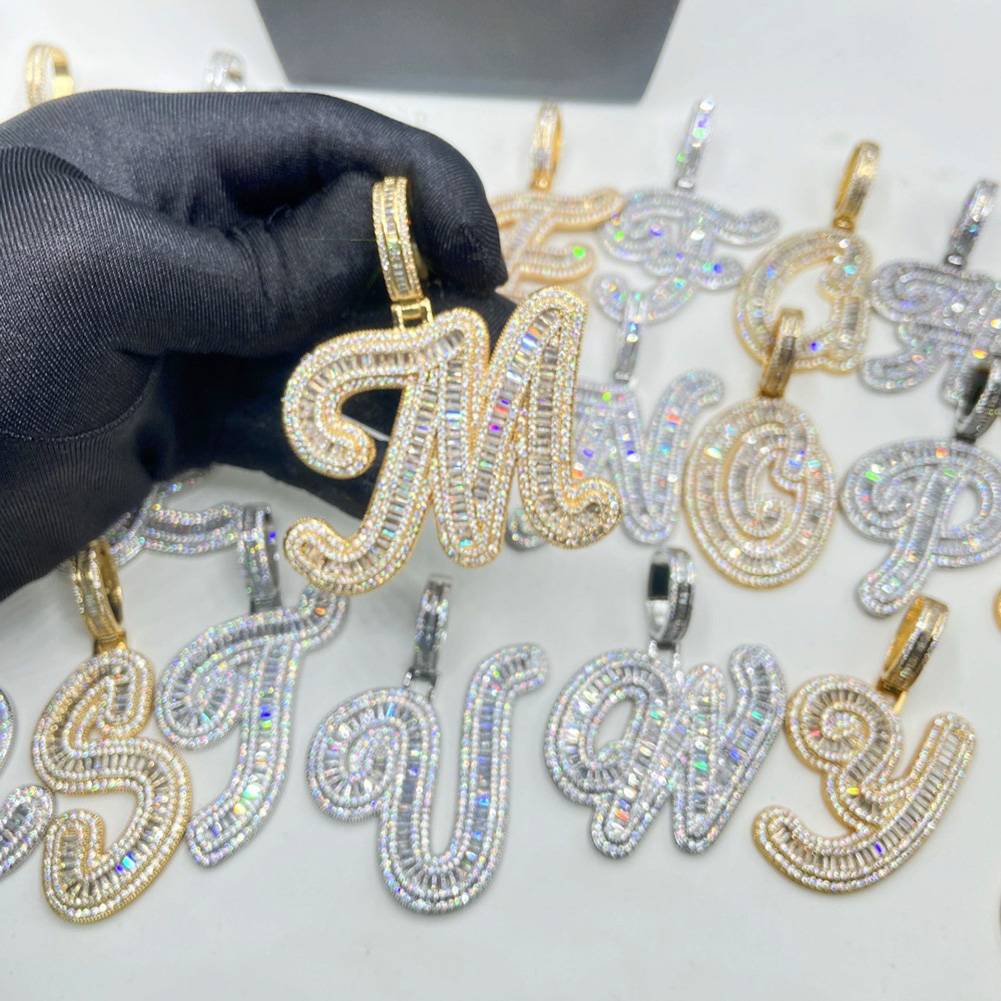 Hip Hop Custom A-Z Cursive Letters Pendant Necklace 5A T Zircon 18k Real Gold Plated Mens Jewelry