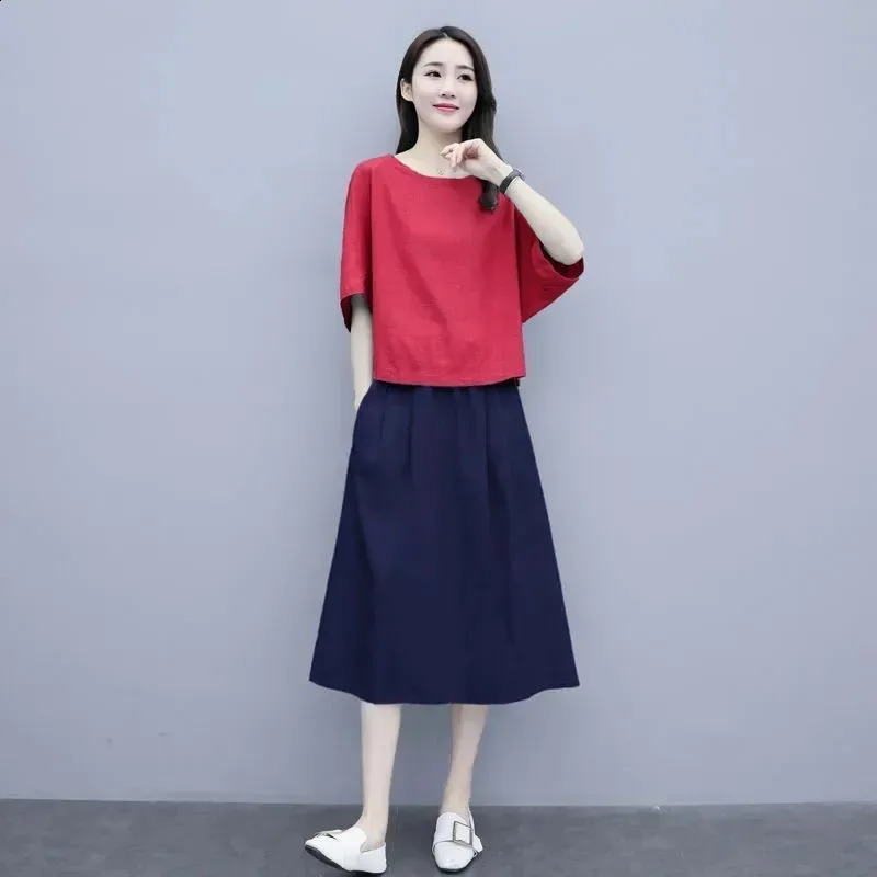 Large Size Outfit Ladies 2PCS Cotton Linen Skirt Suit Women Summer Two-Piece Fashion Bat Sleeve T-Shirt Slimming Set 240823
