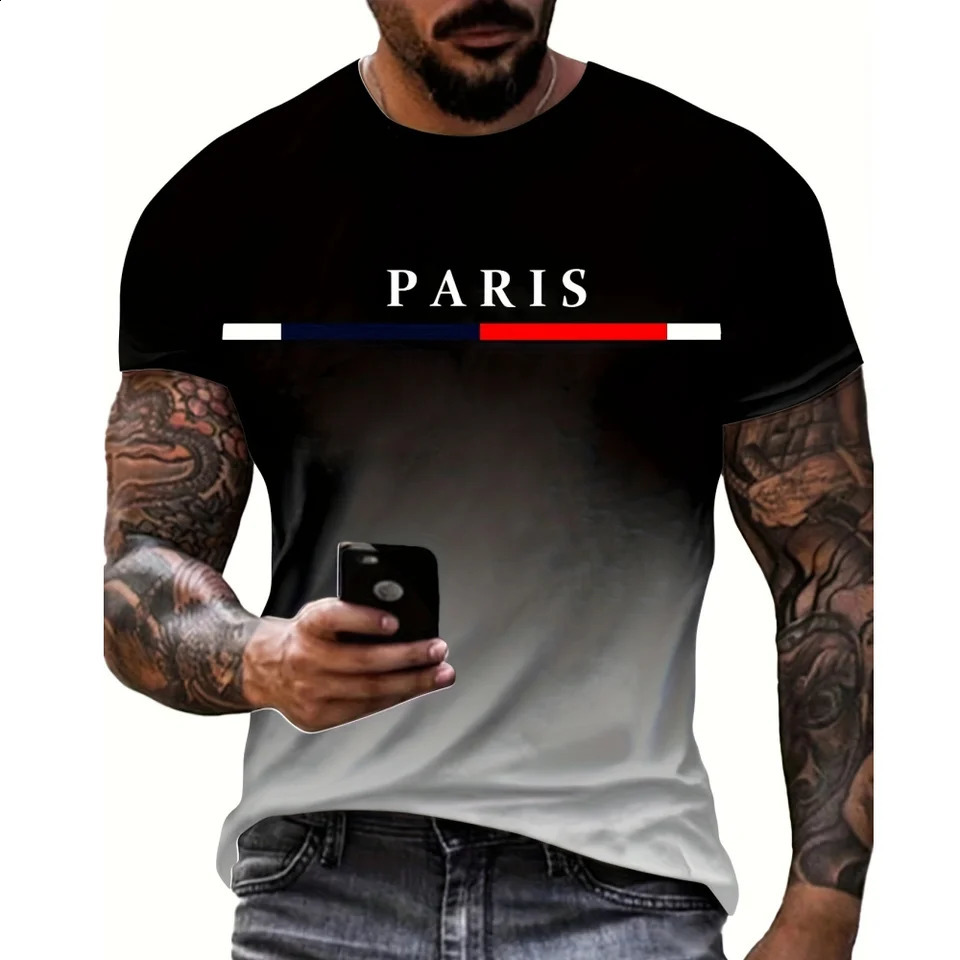 Fashionable mens Tshirt gradient color Paris graphic 3D printed casual short sleeved oversized top 240822