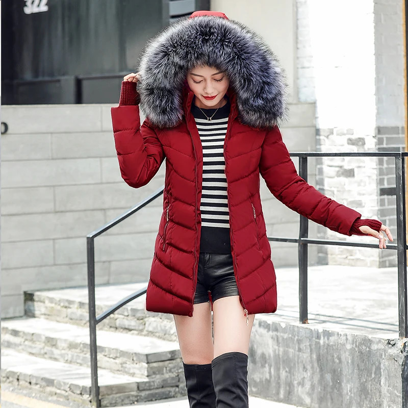 Womens Winter Jacket Coat Hooded Ultra Thin Long Park Artificial Fox Fur Cotton Apron Abrigos Mujer Invierno 240822