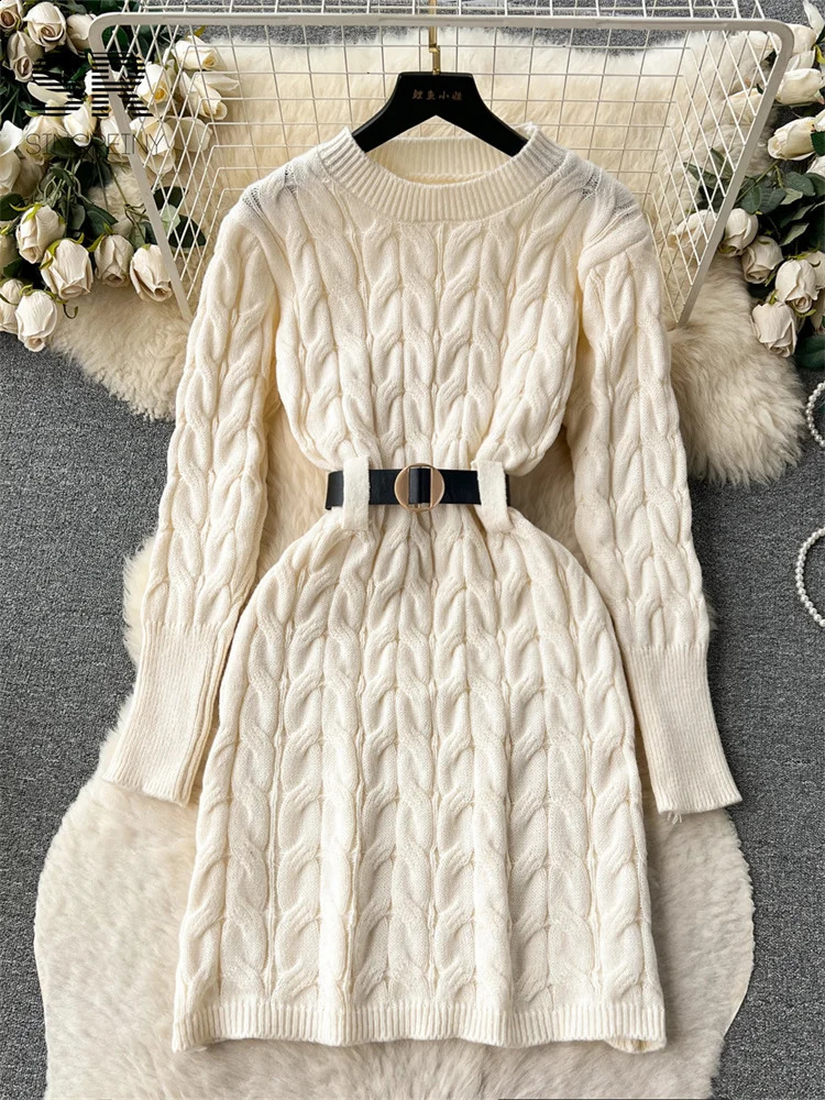 SINGREINY Winter Warm Knit Mini Dress Women Belt Long Sleeve O Neck Elastic Waist Elegant Ladies Slim Soft Sweater Dresses 240822
