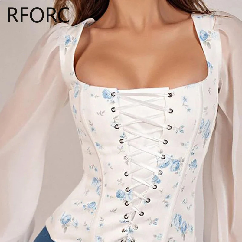 Womens Printed Square Neck Criss Cross Lace Long Lantern Sleeve Chiffon Shirt Top 240822