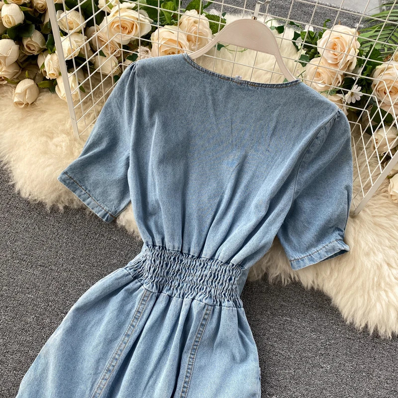 Vintage V-Neck Women Denim Dress Summer Short Sleeve Mermaid Dresses Female Slim Long Jean Slit Vestidos 240822